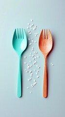 A teal plastic fork and a wooden fork are placed vertically on a light blue background, with small white seeds scattered between them.