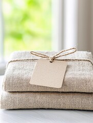 A close-up shot of two folded bundles of textured linen fabric, tied with rustic twine and a blank kraft paper tag.