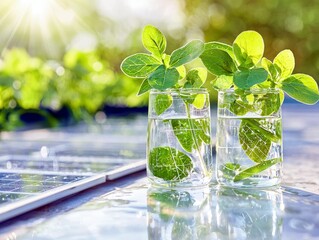 Two glasses of water containing green plant cuttings are placed on a solar panel, illuminated by bright sunlight, with a blurred green background.