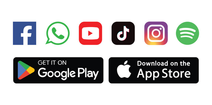 Popular social media logo icons with google play and app store buttons