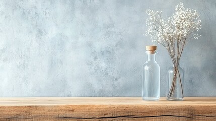 A minimalist composition featuring two clear glass bottles with dried white flowers and a cork stopper on a rustic wooden shelf.