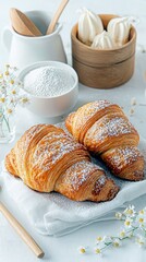 A close-up shot of two freshly baked croissants dusted with powdered sugar, set against a backdrop of baking ingredients and delicate white flowers.