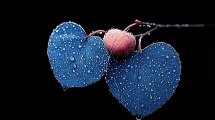 A close-up of two heart-shaped blue leaves covered in water droplets, with a small pink fruit nearby, set against a dark background.