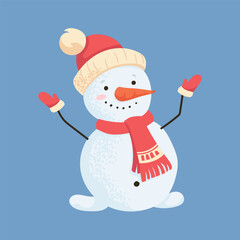 Cute winter snowman in red hat and warm scarf, spreading joy and festive mood. Sweet holiday character perfect for Christmas designs, greeting cards, kids projects Festive seasonal vector illustration