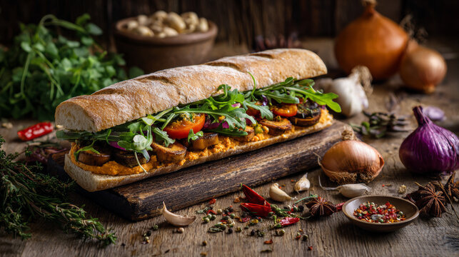Vegetarian baguette sandwich with fresh vegetables and gourmet spread