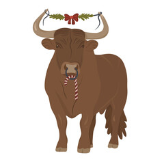 A festive bull illustration featuring decorated horns with greenery and ribbon, plus a candy cane detail. Great for holiday cards, farm-themed seasonal artwork, winter branding, and New Year collectio