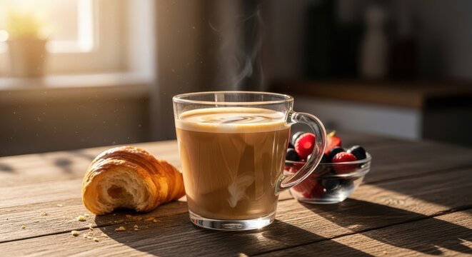 Morning coffee with a fresh croissant and strawberries on a rustic wooden table bathed in warm sunlight