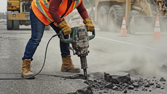 Woman construction worker in safety vest using jackhammer on asphalt road at industrial job site with heavy machinery.