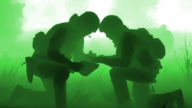 Two soldiers kneel and examine a tablet device in a night vision scene, suggesting tactical planning or mission coordination. Silhouetted figures and foggy terrain enhance the covert atmosphere.