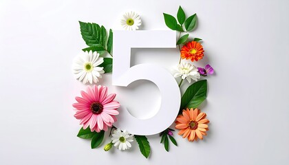 Number 5 surrounded by flowers and greenery on white