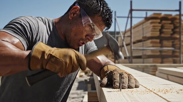 Hispanic man carpenter worker hammering a nail into wood at a construction site. Hardworking industry professional assembling lumber.