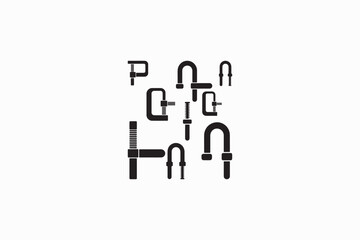 Holding G-Clamp tool vector silhouettes black image.   