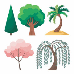 Vector set of green cartoon trees and plants in a simple nature landscape design
