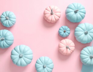 Obraz premium Pastel pumpkins, scattered, on a pink background