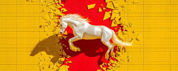 Majestic White Horse Leaping Through Golden Shards on Vibrant Background
