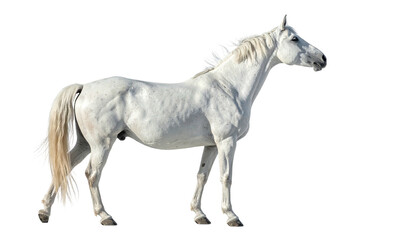 White horse stands against a dark, cutout background