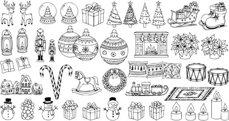 Hand-drawn Christmas Elements and Holiday Icons in Black and White Outline Style