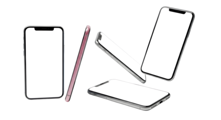 Modern smartphone and stylus arranged in a dynamic composition on a black background