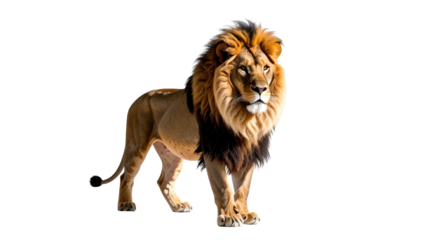 Majestic male lion standing with a full, dark mane