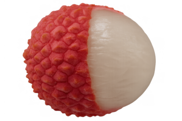 Lychee fruit partially peeled, showing rough red skin and translucent white flesh, fresh tropical produce on transparent background