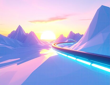 Synthwave landscape with neon path and low poly mountains