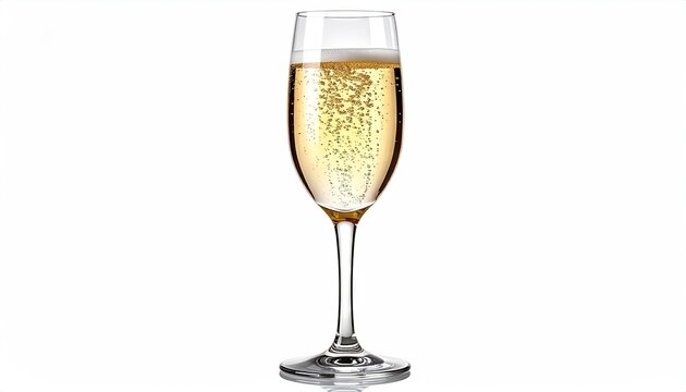 Tall champagne flute with bubbly golden liquid, white ground