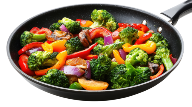 Stir fried vegetables in black pan isolated on a transparent background