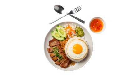 Delicious vietnamese com tam broken rice plate with fried egg and pork