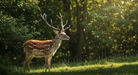 A majestic stag stands gracefully amidst lush green foliage under warm summer sunlight, exuding strength and natural beauty ,grand ,sunlight ,beauty
