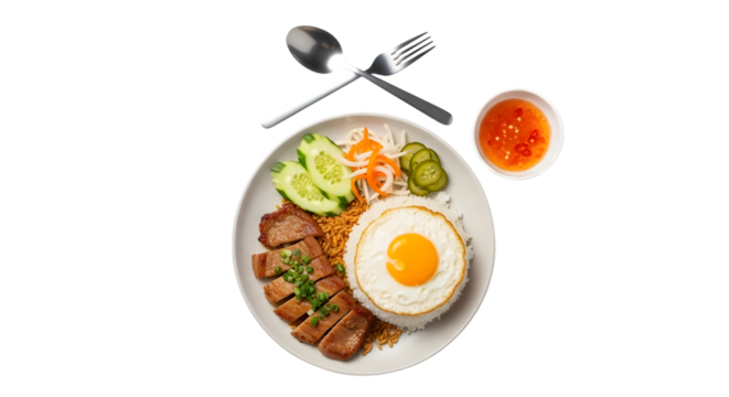 Delicious vietnamese com tam broken rice plate with fried egg and pork