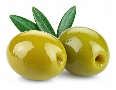 Two green olives with leaves, isolated on a white background