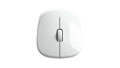 Isolated white mouse, top view, scroll wheel on a black backdrop