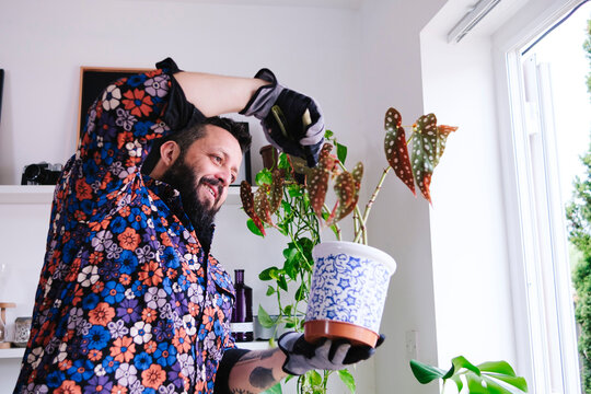 Smiling man cutting plant at home
