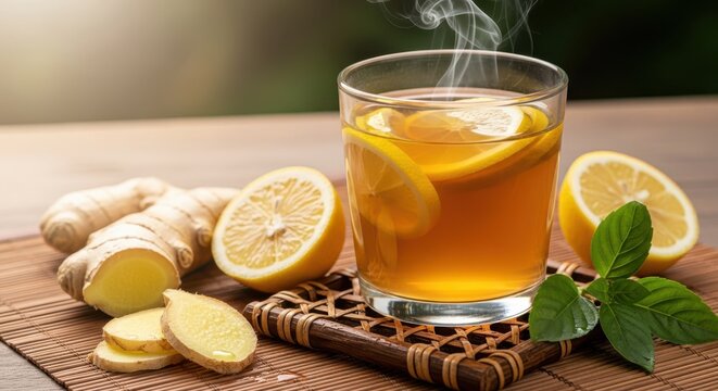Refreshing hot ginger lemon tea with fresh mint and sliced ginger root on a wooden surface - Powered by Adobe