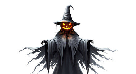 Spooky pumpkin reaper wearing witch hat for Halloween
