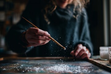 Obraz premium A close-up of an artist's hand sprinkling powder on a canvas, indicating a creative and detailed artwork process.