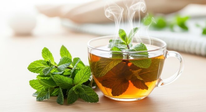 Steaming hot herbal tea brewed with fresh mint leaves in a clear glass mug a healthy and refreshing beverage
