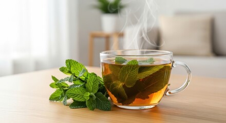 Refreshing hot mint tea in a clear glass mug with fresh mint leaves on a wooden table