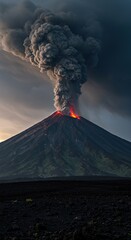 A majestic, towering volcano dominates the horizon under a dramatic sky, showcasing Earth's raw power and ancient geological forces ,natural wonder ,nature ,dramatic