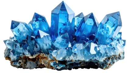 Brilliant blue crystals atop a matrix, sharply faceted, translucent