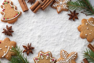 christmas cookie and pine needle frame border on snow for holiday food theme