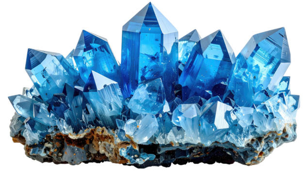 Brilliant blue crystals atop a matrix, sharply faceted, translucent