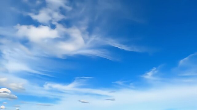 Bright blue sky filled with wispy white clouds on a clear sunny day