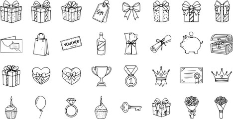 Hand-Drawn Icons: Gifts, Celebrations, Awards, and Symbols of Achievement