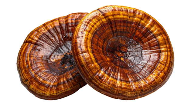 Two shiny, layered brown mushrooms against a dark background