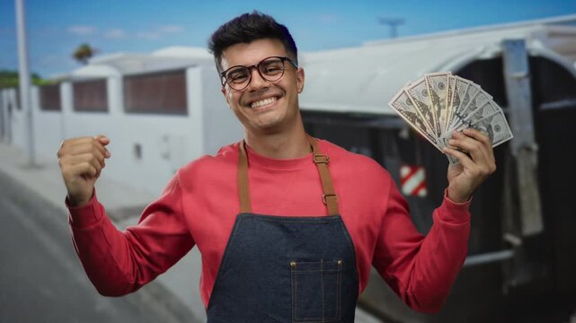 Man standing outdoors holding united states dollars looking happy in city wearing glasses and apron on a sunny day street
