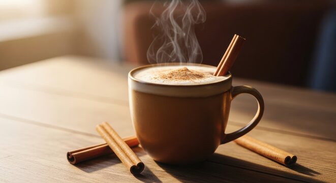 Warm and inviting mug of steaming hot beverage topped with whipped cream and cinnamon sticks on a wooden table