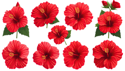 Lush display of red hibiscus flowers with detailed pistils and leaves