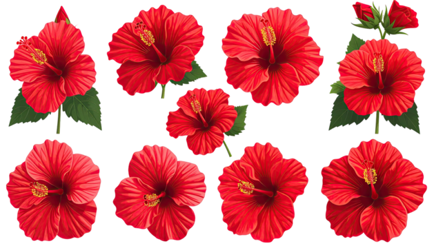 Lush display of red hibiscus flowers with detailed pistils and leaves