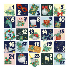 Festive advent calendar with 25 numbered doors featuring decorative holiday-themed vector illustrations. Each door reveals seasonal elements like gifts, ornaments, and winter motifs.